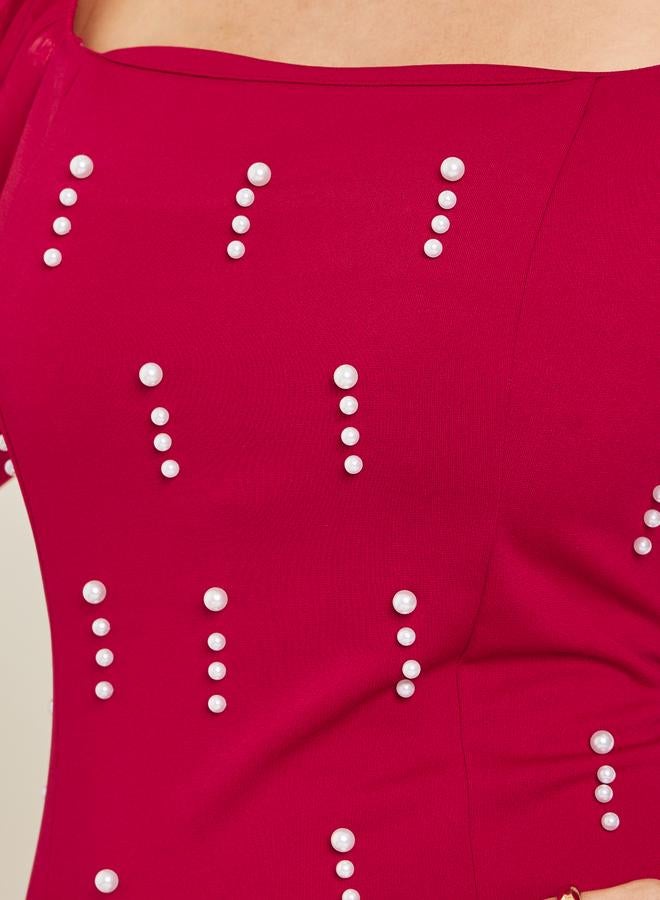 ستايلي فستان ميدي عنابي مزين بأكمام منفوخة وقصة ضيقة - Image 3